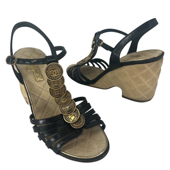 Chanel Coin Medallion Quilted Suede & Leather Heeled Wedge Sandals - Picture 7 of 16